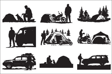 silhouette of a person with camping, camping vector silhouette bundle set ,
