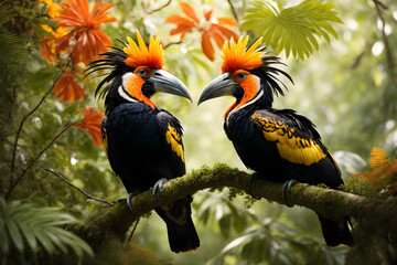 A couple of beautiful hornbills on a tree - Powered by Adobe