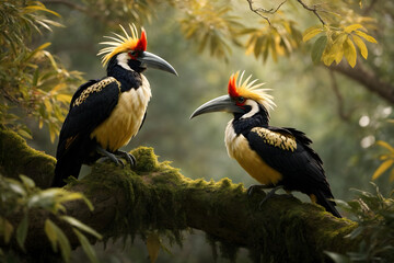 A couple of beautiful hornbills on a tree