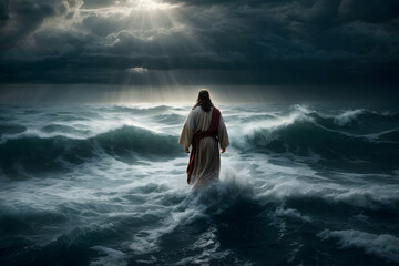 Jesus miraculously walks on water and calms the stormy sea - obrazy, fototapety, plakaty