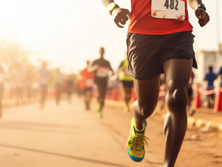 close up of marathon runner's feet approaching the finish line, running championship race concept