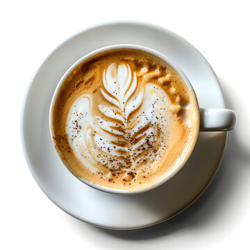 Close up shot of hot latte coffee with latte art in a ceramic white cup and saucer on white background with clipping path.