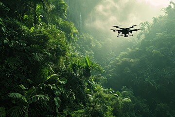 Fototapeta premium High tech aerial exploration. Modern drone flying over misty rainforest at sunset. Professional surveillance. Cutting edge technology in nature. Innovation in flight. Capturing beauty of foggy forest