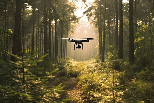 High tech aerial exploration. Modern drone flying over misty rainforest at sunset. Professional surveillance. Cutting edge technology in nature. Innovation in flight. Capturing beauty of foggy forest