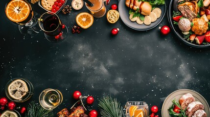 new year food and drink in different styles on top and bottom, black background - obrazy, fototapety, plakaty