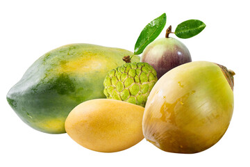 Pile of various types of fresh fruits (Mango, Coconut, Papaya, Purple Star Apple Fruit and Sugar Apple)