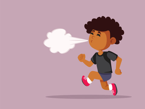 Child Running and fussing from Exhaustion Vector Illustration. Little kid running and exhaling from tiredness 
