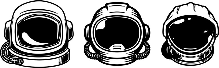 Spaceman helmets set. Design elements for label, sign, badge. Astronaut helmet, vintage set. Spaceman face in space suit,retro design in high HD resolution for poster, banner or flyer. - obrazy, fototapety, plakaty
