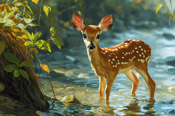 illustration of a mouse deer in the water