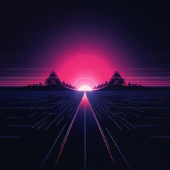 Vibrant Retro-Futuristic Horizon with Neon Sunset