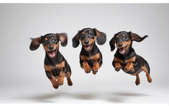 Cachorros dachshund (salchicha), saltando, sobre fondo blanco