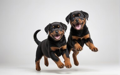 Fototapeta premium Cachorros rottweiler saltando sobre fondo blanco