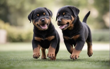 Cachorros rottweiler jugando en el campo - obrazy, fototapety, plakaty