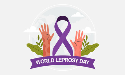 World Leprosy Day Awareness Month with Hands and a Purple Ribbon Vector Illustration