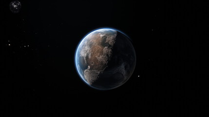 Fototapeta premium Earth planet in outer space. Earth and Moon, Solar system element. Satellite photo. Generated AI.
