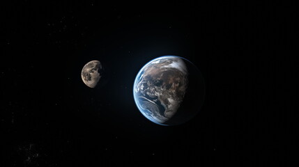 Earth planet in outer space. Earth and Moon, Solar system element.  Satellite photo. Generated AI.