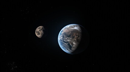 Fototapeta premium Earth planet in outer space. Earth and Moon, Solar system element. Satellite photo. Generated AI.