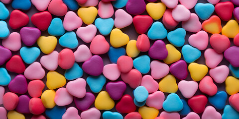 Fototapeta na wymiar A pile of heart shaped candy with the word love on it Festive love colorful hearts decorations for valentine's day .AI Generative