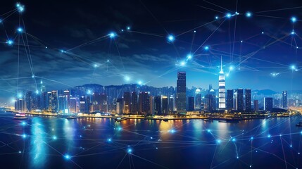 Smart city and intelligent communication network, night city, wireless connection technology concept, future technology concept