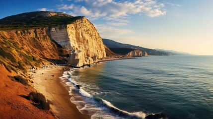 view of sunset on beach cliffs with waves. clear weather - obrazy, fototapety, plakaty