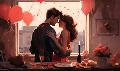 Couples Creating DIY Customized Valentines Day Happy Valentine s Day AI illustrations of couple in love on a date decorated They must be really in love.AI Generative