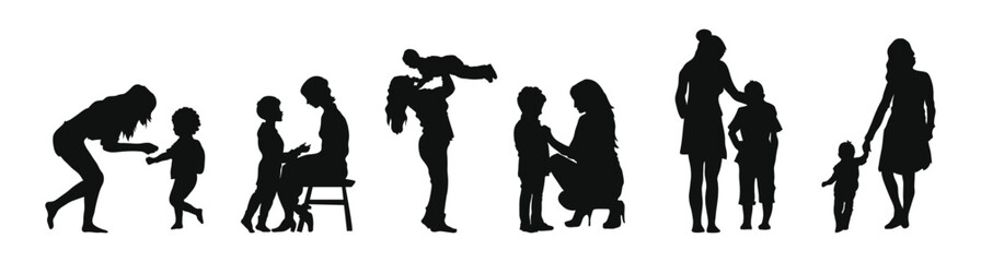 Vector collection of mom and kids walking silhouettes.