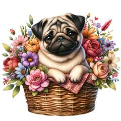 cute valentine dog in flowers basket