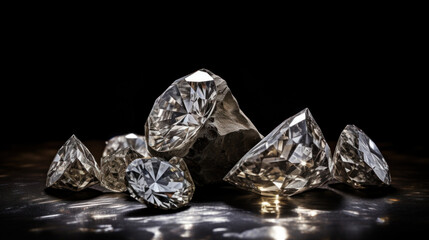 A striking arrangement of assorted diamonds on a dark background, reflecting light with captivating brilliance.