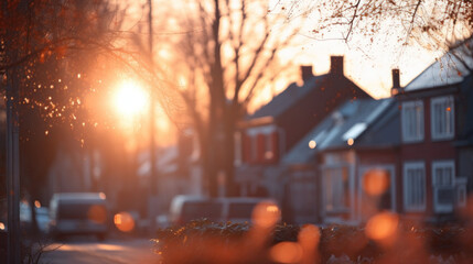 The setting sun casts a warm glow on a snowy residential street, creating a picturesque winter scene. - obrazy, fototapety, plakaty