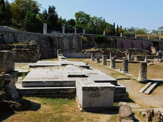 View of the archeological site of Keramikos. Ruins of the Pompeion, an ancient public building...