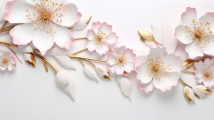 Elegant paper cherry blossoms artfully arranged on a white background, exuding simplicity and grace.