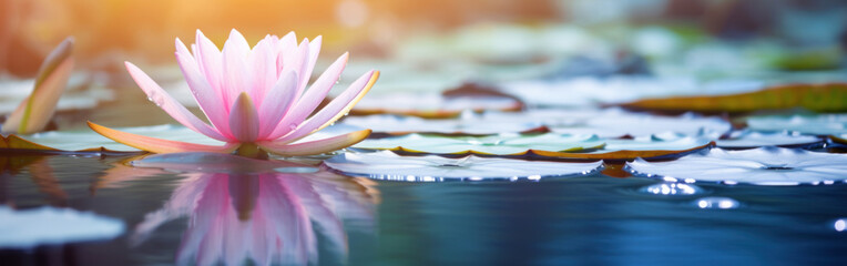 A delicate pink water lily floats serenely on the calm surface of a reflective pond, with gentle water ripples.