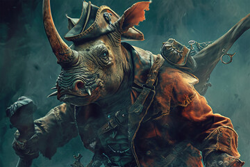 Fototapeta premium zombie rhino pirate illustration