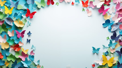 Multicolored Paper Backdrop With Origami Butterflies Representing Zero Discrimination Day Blank Area Tor Message Copy space Image Place Tor adding Text Or Design, Generative Ai - obrazy, fototapety, plakaty