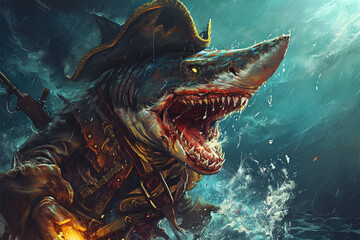 zombie shark pirate illustration - obrazy, fototapety, plakaty
