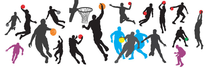 Vector set of silhouettes of basketball players. The player throws the ball while jumping