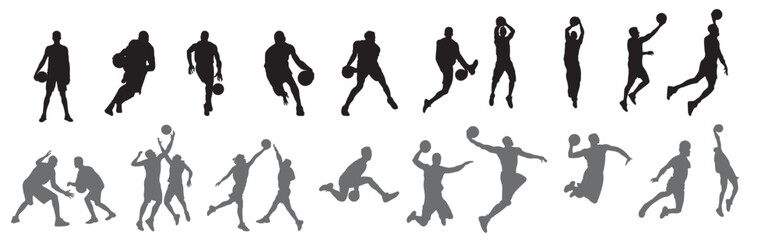 Fototapeta na wymiar Basketball player silhouette. Group of different basketball players in different playing positions. Set of basketball players throwing ball isolated on white background 