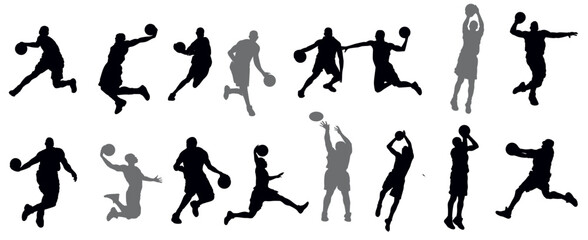 Basketball player silhouette. Group of different basketball players in different playing positions. Set of basketball players throwing ball isolated on white background 