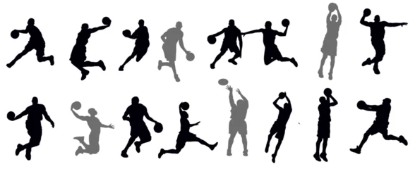 Fotobehang Basketball player silhouette. Group of different basketball players in different playing positions. Set of basketball players throwing ball isolated on white background  © Unknown Artist