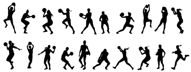 Vector set of male and female basketball player silhouettes.  Icon sets in various poses. - obrazy, fototapety, plakaty