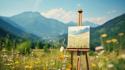 An easel set amidst a wildflower meadow with a plein air painting reflecting the scenic mountain landscape.