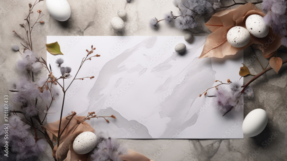 Poster Easter composition with speckled eggs and natural elements on a watercolor-style backdrop with space for text.