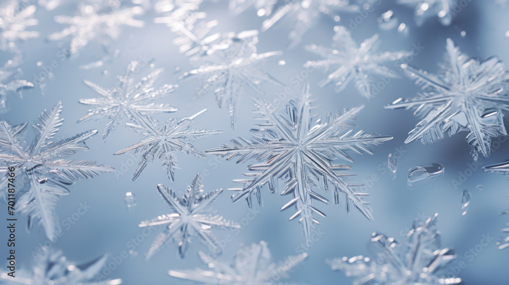 Poster a close-up macro photograph capturing the intricate details of snowflake crystals against a soft blu