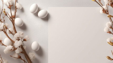White Easter eggs arranged artistically beside cotton branches on a textured background with space for text.