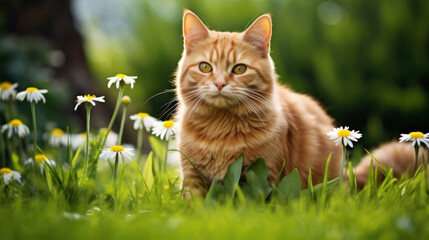 A charming ginger cat sitting amidst a lush field dotted with daisies, enjoying the serene outdoor environment.