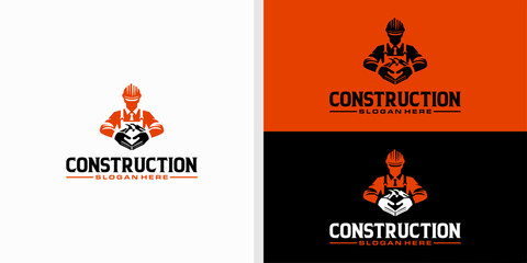 construction logo design with construction workers with tools used vector template