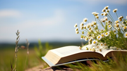 An open book nestled among wild chamomile flowers, with a scenic field as the backdrop, conveying a serene literary retreat.