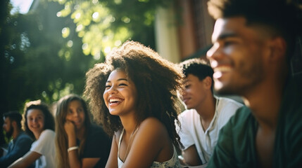 Obraz premium A group of diverse friends share a laugh in an outdoor setting, showcasing the joy and unity of youth friendship.