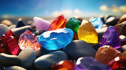 Rolgordijnen A stunning array of colorful gemstones scattered on beach pebbles, glistening under the bright sunlight in a display of nature's beauty. © tashechka
