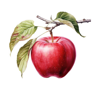 Watercolor red apple with leaf
